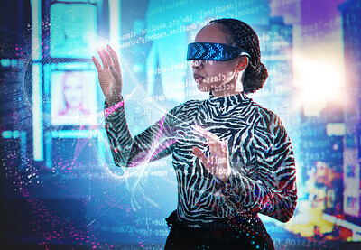 Buy stock photo Metaverse, woman and virtual reality glasses with dashboard  overlay for digital transformation. Person with vr headset for ar neon hologram for cyber and 3d world for big data and futuristic coding
