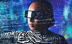 Metaverse, woman and augmented reality glasses with  overlay for digital transformation dashboard. Person face with vr tech for hologram in cyber and 3d world for big data, ux and futuristic coding