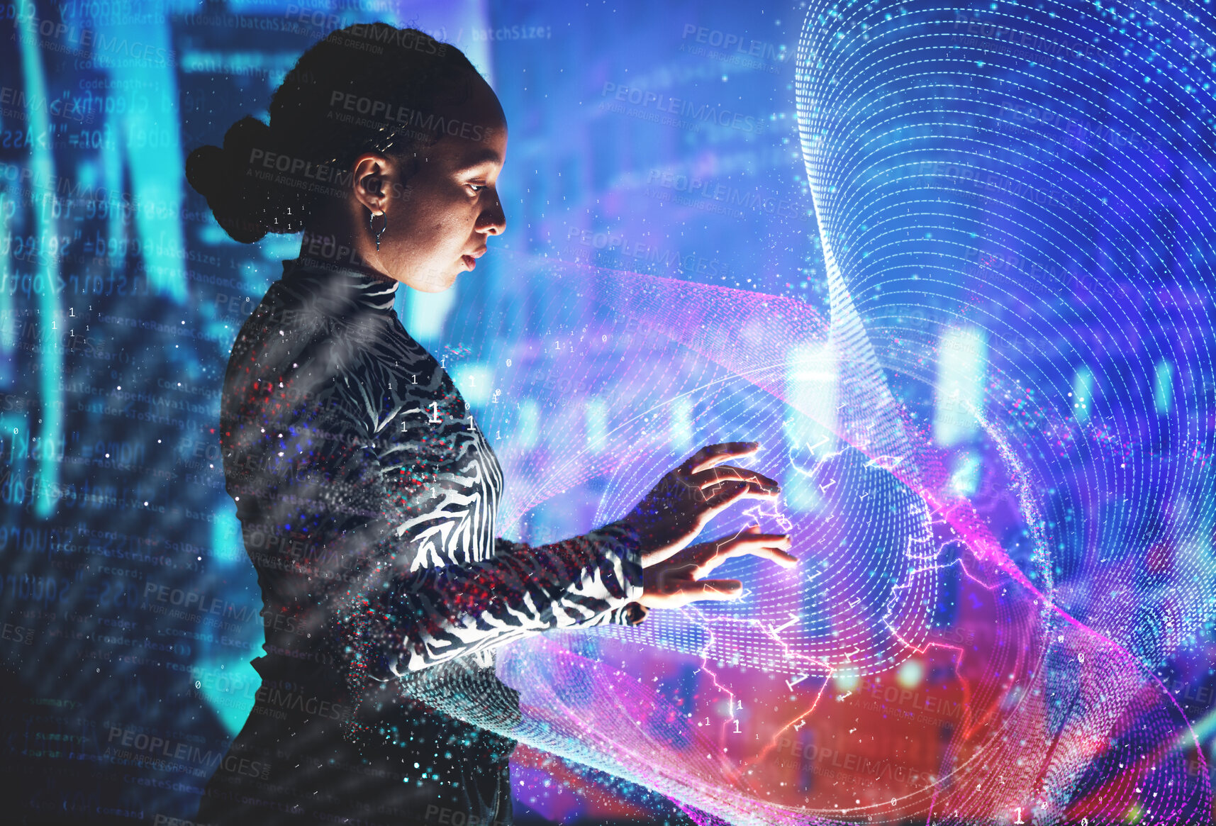 Buy stock photo Woman, metaverse and global network with hologram, futuristic and security with connection, digital and software.  Holographic, world or future with web design, cyber or 3d with virtual reality or ai