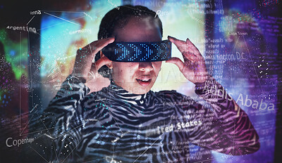 Buy stock photo Metaverse, overlay and woman with virtual reality glasses for global map and digital transformation. Person with vr headset for ar futuristic hologram software with cyber and 3d world for big data