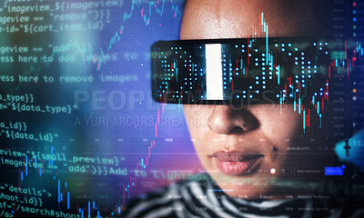 Buy stock photo Metaverse, woman face and virtual reality glasses with overlay for digital transformation and ar. Person with matrix vr hologram for cyber and 3d world for big data, infographic and future coding