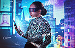 Metaverse, virtual reality glasses and woman with phone dashboard overlay for digital transformation. Person with vr headset for global ux ar hologram for cyber, future and 3d world for big data