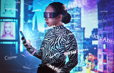 Buy stock photo Metaverse, virtual reality glasses and woman with phone dashboard overlay for digital transformation. Person with vr headset for global ux ar hologram for cyber, future and 3d world for big data