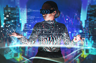 Buy stock photo Metaverse, black woman and virtual reality glasses with  overlay for digital transformation. Person with vr headset ar hologram for cyber and 3d world for big data and trading future and infographics