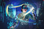 Metaverse, virtual reality glasses and woman with overlay for stock market digital transformation. Vr headset girl ar hologram with cyber 3d world for big data, future tech and trading infographics