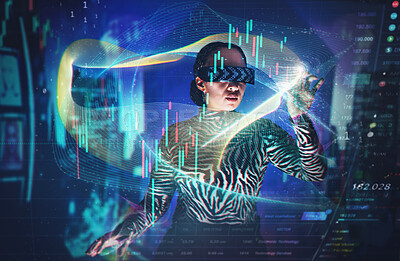 Buy stock photo Metaverse, virtual reality glasses and woman with overlay for stock market digital transformation. Vr headset girl ar hologram with cyber 3d world for big data, future tech and trading infographics