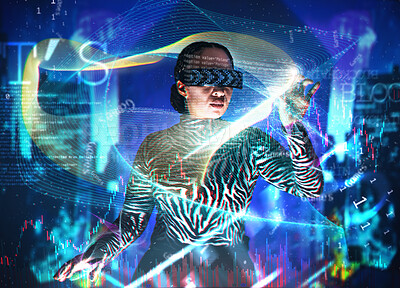 Buy stock photo Metaverse, woman and augmented reality glasses with dashboard  overlay for digital transformation. Person with vr headset ar hologram for cyber 3d world ux for big data and futuristic infographics
