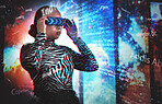 Metaverse, woman and virtual reality glasses with global  overlay for digital transformation. Person with vr headset for augmented reality hologram with cyber 3d world for big data, future and news