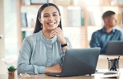 Buy stock photo Portrait, smile and business woman in office ready for company goals in workplace. Ceo, boss and happy, confident or proud female entrepreneur from Canada with vision, mission or success mindset.