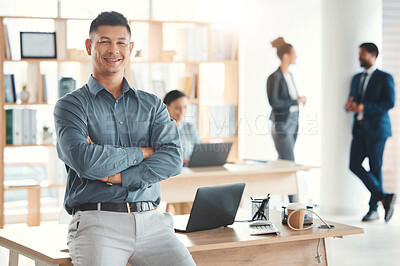 Buy stock photo Portrait, arms crossed and smile of business man in office ready for goals in company. Ceo, boss and happy, confident or proud male entrepreneur with vision, mission or success mindset in workplace.