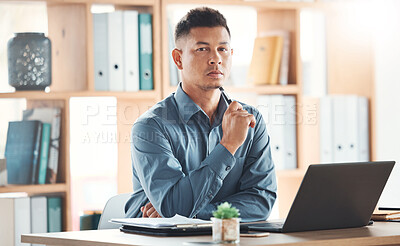 Buy stock photo Business, portrait and man in office, serious and assertive for deal, laptop and online planning for deadline. Face, male employee and consultant with device, assertive expression and leadership