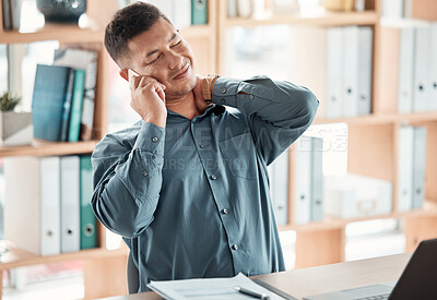 Buy stock photo Office, stress and man with neck pain, phone call at desk for crm communication, tired ceo at startup. Business manager, conversation and networking, businessman on smartphone with deadline pressure.