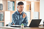 Laptop, thinking and business man in office looking for solution to problem. Ideas, computer and young male entrepreneur reading, lost in thoughts and contemplating, focus and planning strategy.