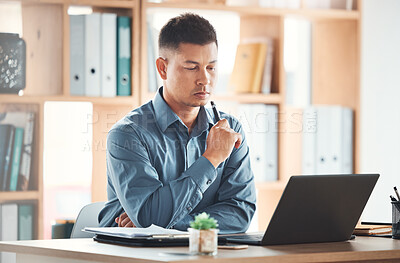 Buy stock photo Laptop, thinking and business man in office looking for solution to problem. Ideas, computer and young male entrepreneur reading, lost in thoughts and contemplating, focus and planning strategy.