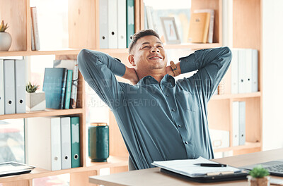 Buy stock photo Success, business man and relax in office after finish targets or task complete in company. Thinking, rest and happy male employee on break after hard work, writing email or planning finance strategy