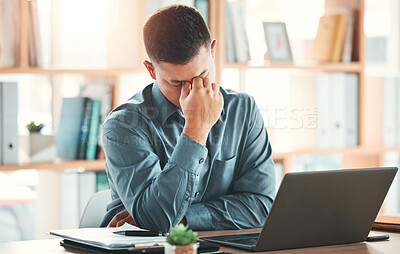 Buy stock photo Stress, burnout and business man with laptop at desk working on project, report and strategy deadline. Headache, 404 and frustrated male worker in office with glitch, mistake and error on computer