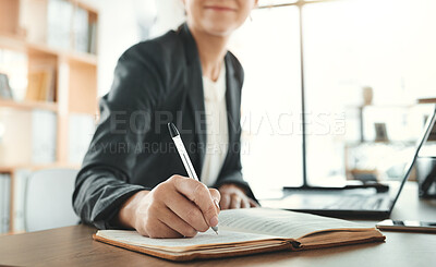 Buy stock photo Planning, writing and notebook with hands of woman in office for schedule, research and information. Agenda, creative and strategy with employee and laptop for search, idea and proposal in startup