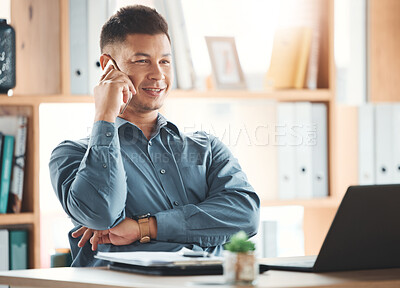 Buy stock photo Office, laptop and man on phone call at desk with smile, crm and b2b communication at advisory startup. Business manager, conversation and networking, happy businessman speaking on smartphone at work