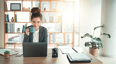 Buy stock photo Laptop, coffee and flare with a business woman at work in her office for growth or future development. Computer, research and review with a female employee drinking tea while working on a report