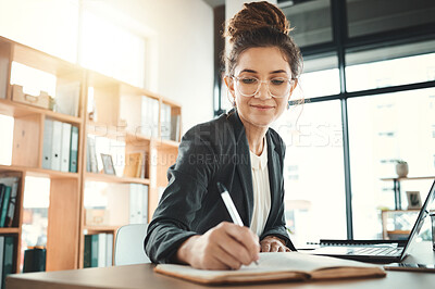 Buy stock photo Planning, notes and woman with a notebook for a schedule, agenda and reminder. Idea, strategy and business employee writing in a journal to remember a task, memory or plan for a corporate project