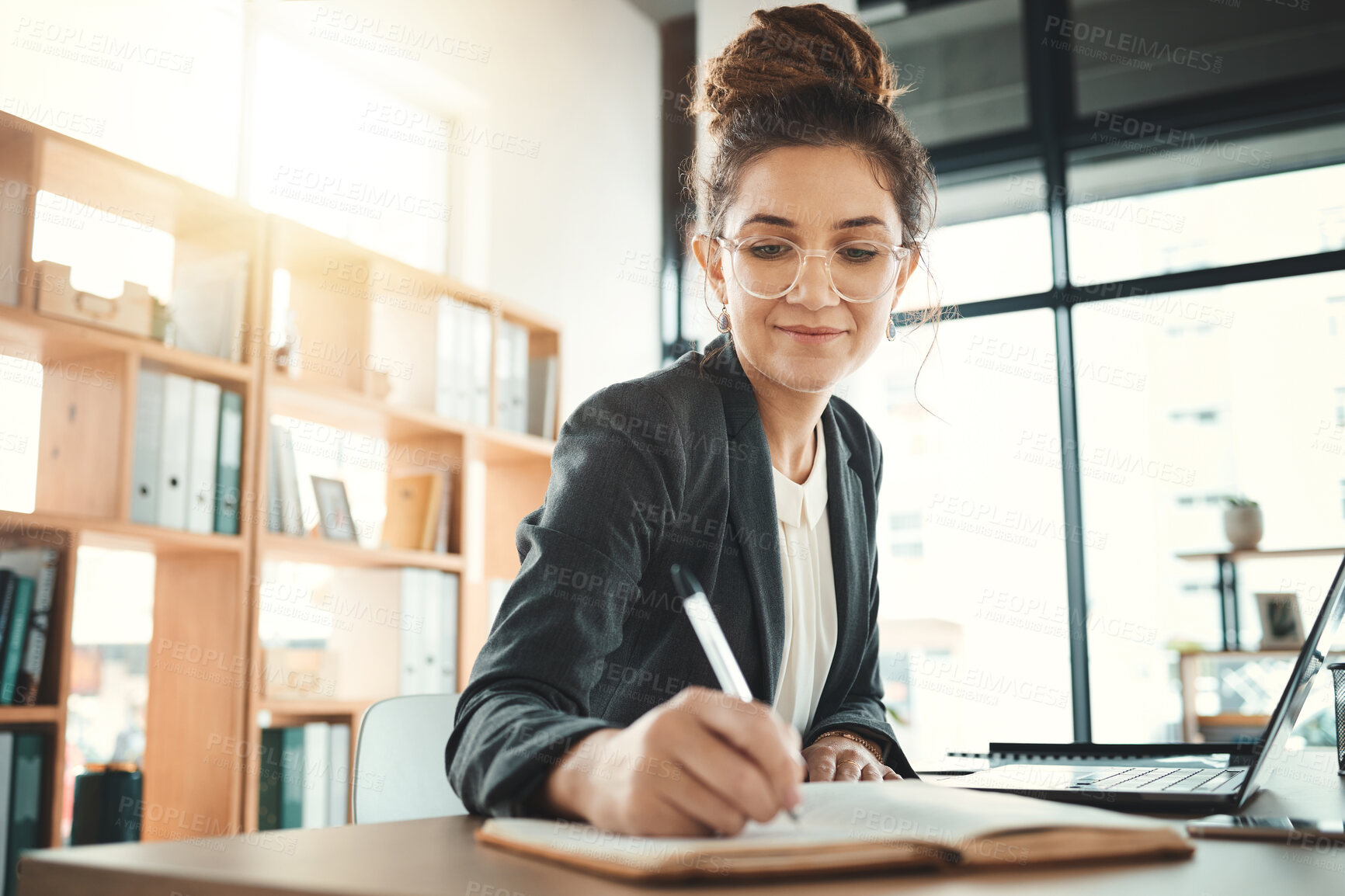 Buy stock photo Planning, notes and woman with a notebook for a schedule, agenda and reminder. Idea, strategy and business employee writing in a journal to remember a task, memory or plan for a corporate project