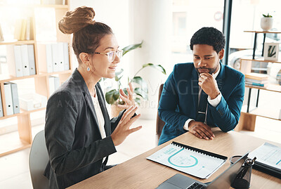 Buy stock photo Business people, talking and planning report, documents or strategy in office. Diversity, employees and discussion of ideas, vision and kpi sales targets with data analysis, teamwork or collaboration