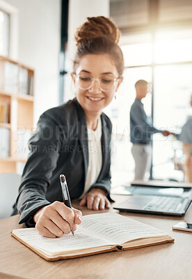 Buy stock photo Planning, notes and woman with a diary for an agenda, schedule and reminder. Idea, strategy and business employee writing in a notebook to remember a task, memory or plan for a corporate project