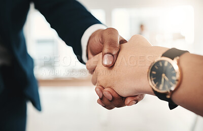 Buy stock photo Teamwork, handshake and partnership collaboration in office for contract, deal or onboarding. Thank you, welcome or business people shaking hands for hiring, recruitment or agreement, b2b or greeting