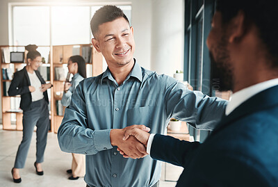 Buy stock photo Handshake, partnership and collaboration of business people in office for contract, deal or onboarding. Thank you, welcome and employees shaking hands for hiring, recruitment or agreement, b2b or crm