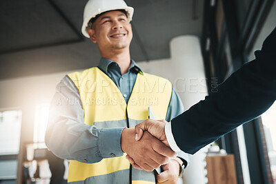 Buy stock photo Handshake, partnership and collaboration of engineer in office for contract, deal or onboarding. Architecture, thank you and people shaking hands for hiring, recruitment or agreement, b2b or greeting