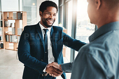 Buy stock photo Businessman, handshake and smile for partnership, b2b or trust in promotion, deal or agreement at office. African American male manager shaking hands with employee for welcome, thank you or greeting