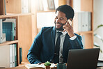 Happy, office or black man networking on a phone call with smile, crm or b2b communication at startup. Manager, conversation or businessman talking, discussion or speaking of our vision or goals