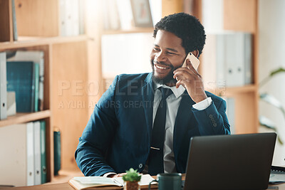 Buy stock photo Happy, office or black man networking on a phone call with smile, crm or b2b communication at startup. Manager, conversation or businessman talking, discussion or speaking of our vision or goals