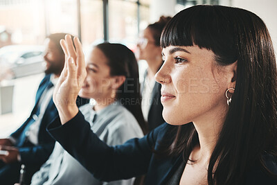 Buy stock photo Business people, hand and audience in question, presentation or answer at office workshop. Woman with hands raised in staff training for marketing, planning or idea for team strategy in crowd seminar