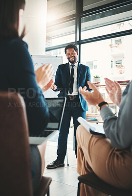 Buy stock photo Applause, black man and business people in presentation, meeting or workshop in office. Leadership, congratulations and group of employees clapping for goals, speech targets or success celebration.