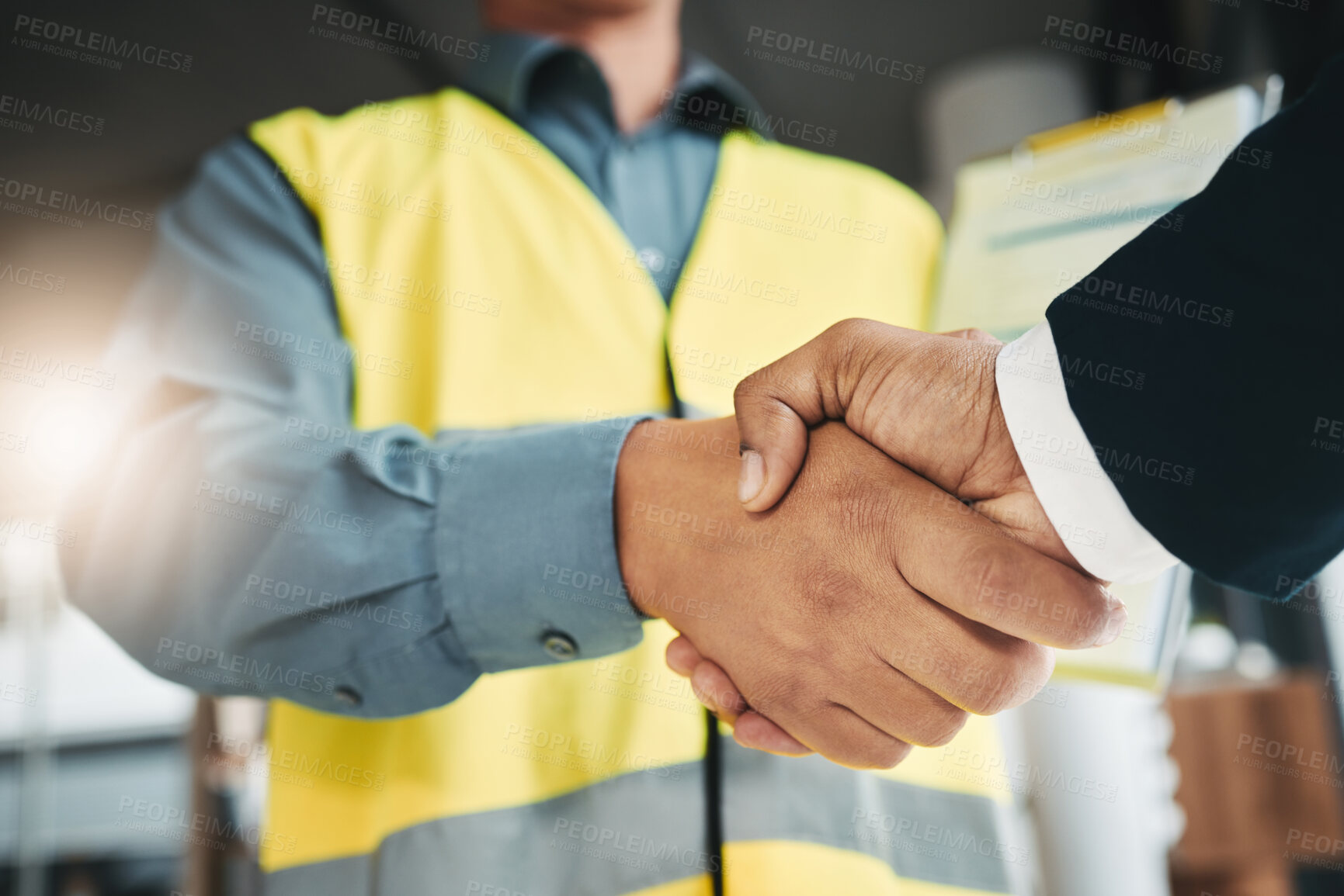 Buy stock photo Partnership, handshake and collaboration of engineer in office for contract, deal or onboarding. Architecture, thank you and people shaking hands for hiring, recruitment or agreement, b2b or greeting