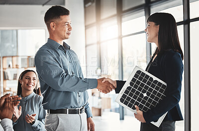 Buy stock photo Engineering, success and solar panels with people and handshake for renewable energy, teamwork and innovation. Future, technology and applause with group cheering for photovoltaic, product and energy