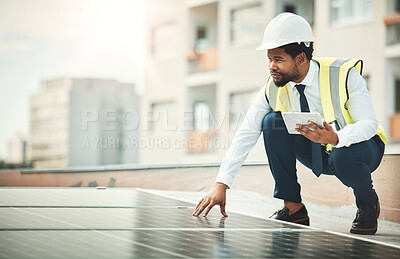 Buy stock photo Solar panels, renewable energy and black man with tablet for construction, maintenance and inspection. Sun sustainability, building and electrician with digital tech for photovoltaic electricity