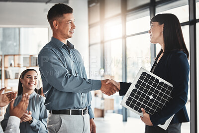 Buy stock photo Technician, deal and solar panels with people and handshake for renewable energy, teamwork and engineering. Future, technology and applause with group cheering for photovoltaic, product and success