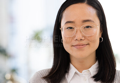 Buy stock photo Business woman, face and portrait and Asian worker with vision and professional mindset. Leadership, corporate lawyer at law firm in Japan with mockup space and growth with career goals