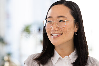Buy stock photo Business woman, face and smile with success and mockup space, vision and professional mindset with career goals. Happy employee, leadership and corporate lawyer at law firm in Japan, Asian and growth