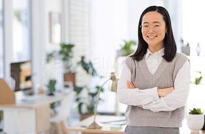 Buy stock photo Motivation, confidence and portrait of a woman with arms crossed for business and corporate. Management, mockup and Asian employee smiling for vision, success and empowerment with space in office