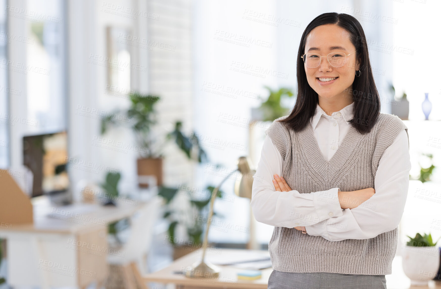 Buy stock photo Motivation, confidence and portrait of a woman with arms crossed for business and corporate. Management, mockup and Asian employee smiling for vision, success and empowerment with space in office