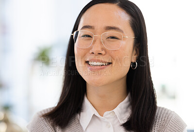 Buy stock photo Business woman, face and portrait with success and smile, Asian worker with professional mindset and career goals. Happy employee, leadership and corporate lawyer at law firm in Japan with growth