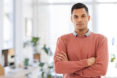 Buy stock photo Portrait, proud businessman in office with future, vision and ambition on blurred background. Face, worker and guy leader focused on career, goal and idea while advertising, space and copy space