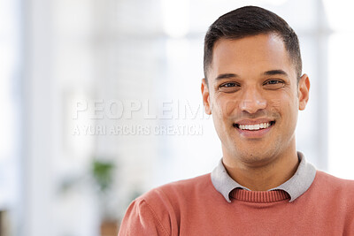 Buy stock photo Mockup, portrait and businessman in office with future, vision and ambition on blurred background. Face, worker and guy leader excited for career, goal and idea while advertising, space and isolated