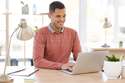 Buy stock photo Laptop, office and happy man planning for company startup website design, digital review or editing proposal report. Computer network, email management and worker, person or manager at typing at desk