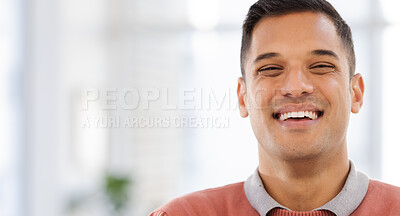 Buy stock photo Happy, portrait and businessman in office with future, vision and ambition on blurred background. Face, worker and guy leader smile for career, goal and idea while advertising, space and isolated