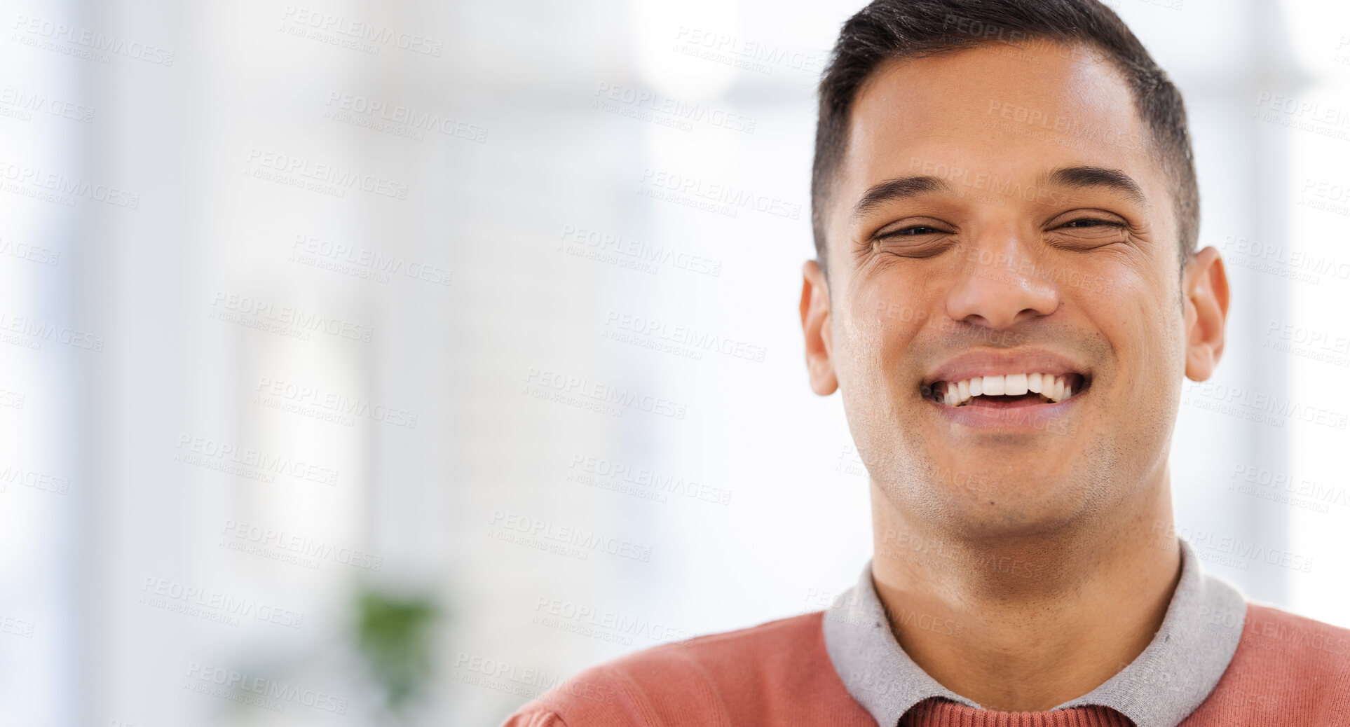 Buy stock photo Happy, portrait and businessman in office with future, vision and ambition on blurred background. Face, worker and guy leader smile for career, goal and idea while advertising, space and isolated