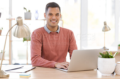Buy stock photo Laptop, office and portrait of man at a startup tech company working with leadership, business management and smile. Computer network, information technology and worker, person or manager at his desk